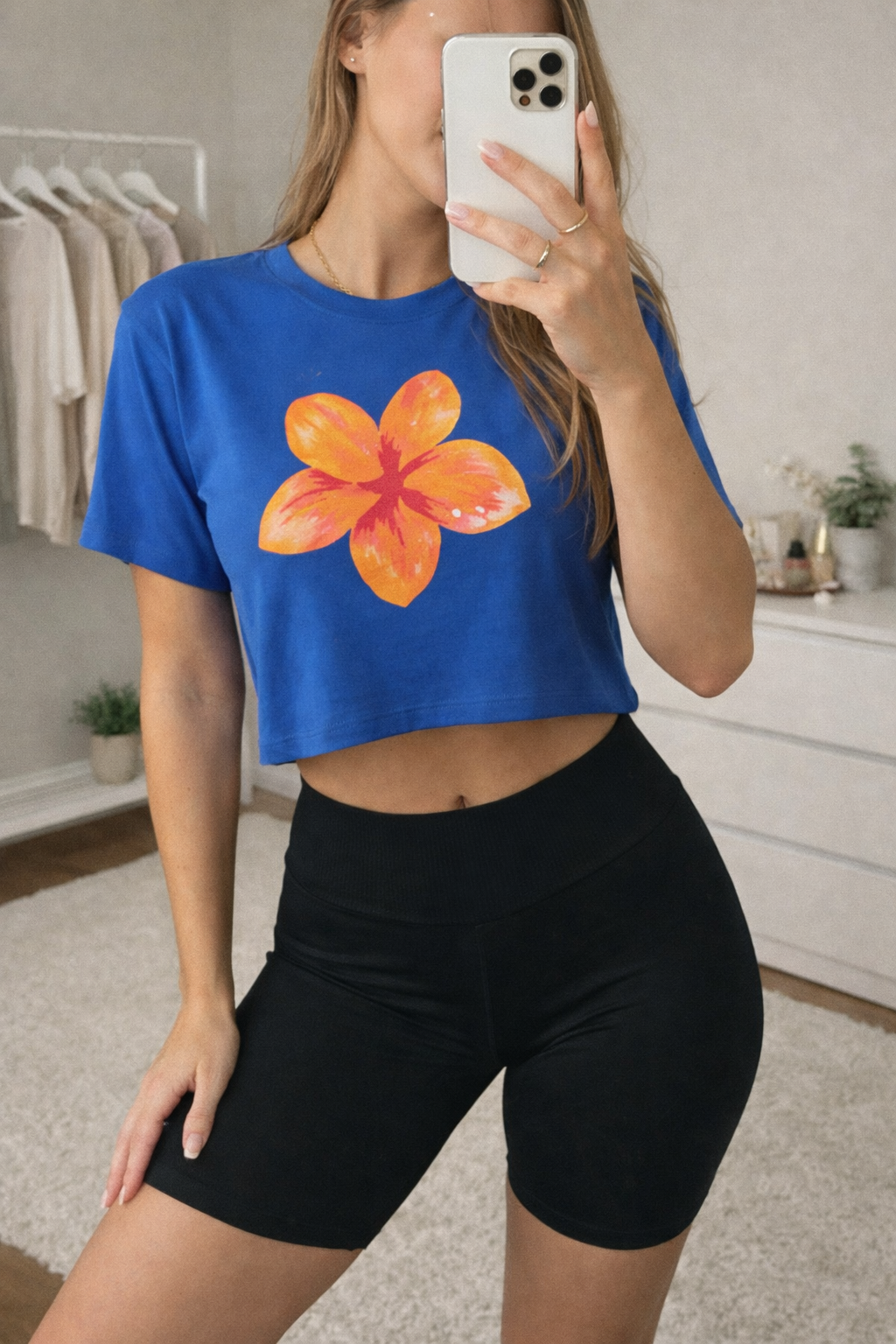 Royal Blue Hibiscus Crop Top – Soft Premium Tee