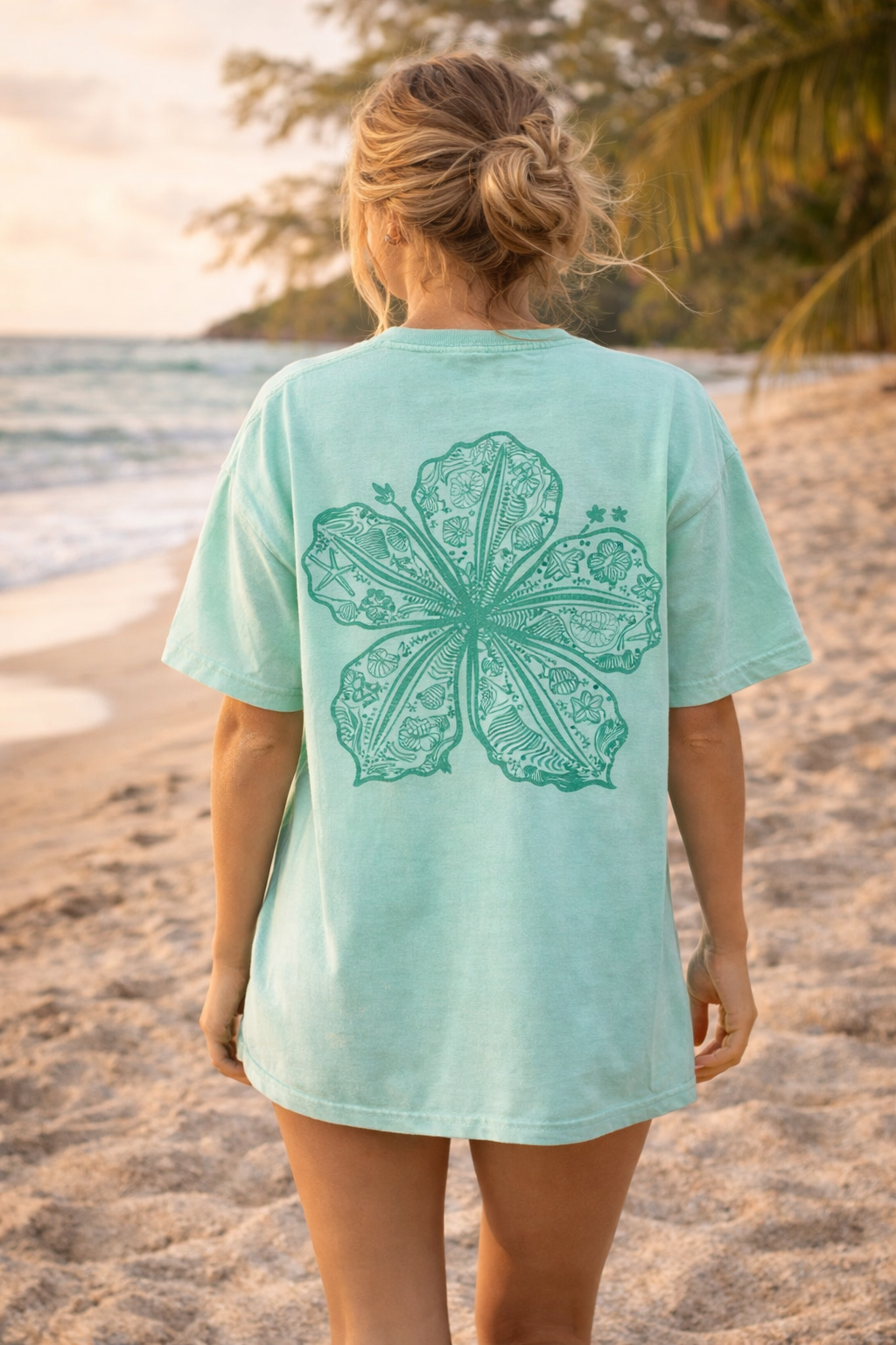 Vintage Coastal Hibiscus Mint Tee - Cotton Tee