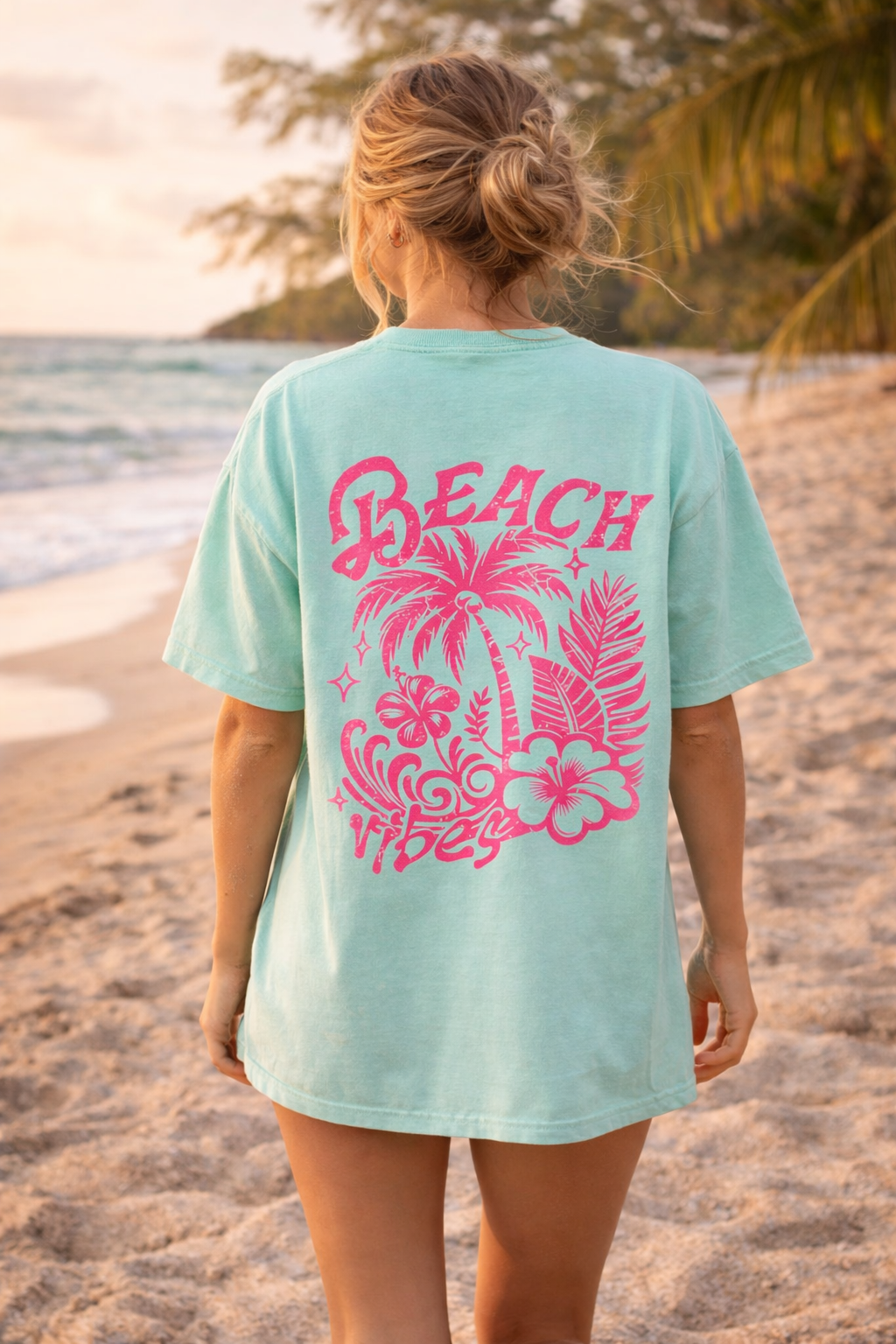 Beach Vibes Oversized Tee Mint Green - Cotton Tee