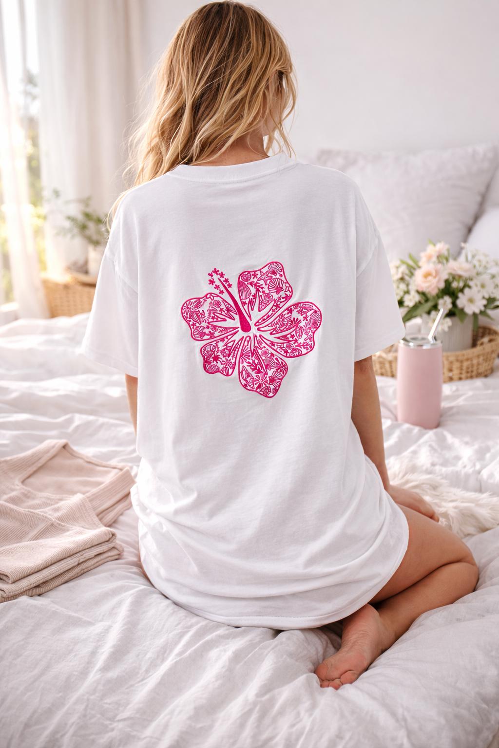 Hibiscus Coast Oversized Embroidery  Tee - Cotton Tee